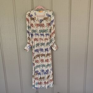 Oliphant Tiger Print Dress Size S Feminine Viscose Smock Waist Long Sleeve